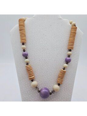 Wooden & Acrylic Bead Necklace With Purple & Cream Tones Brown Accents by M.E.